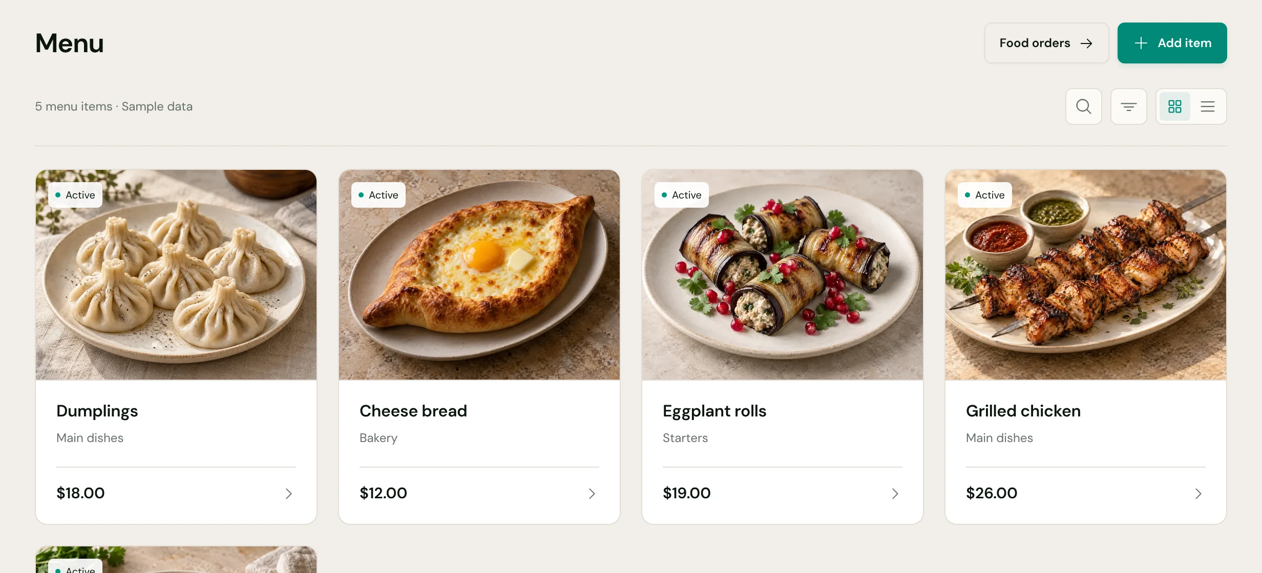 The menus catalog in WIIL, with sample data